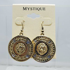 Mystique gold circle lion head with rhinestones fish hook earring